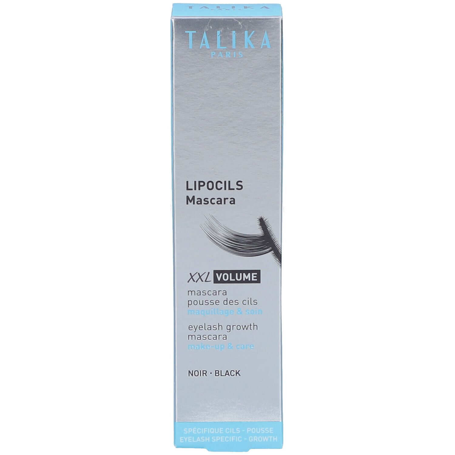 Emballage avec nom du produit, marque et description. Illustration du mascara.