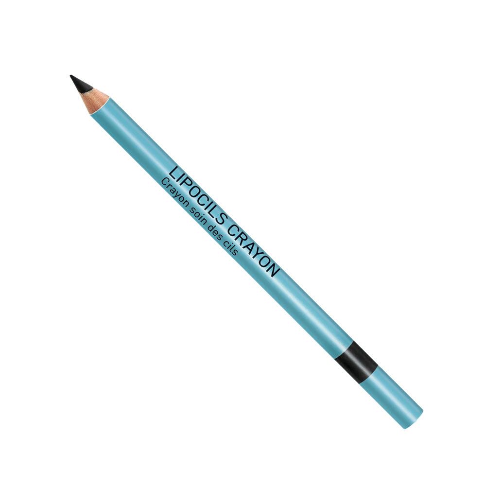 Crayon bleu avec extrémité noire. Inscription: LIPOCILS CRAYON, Crayon soin des cils.