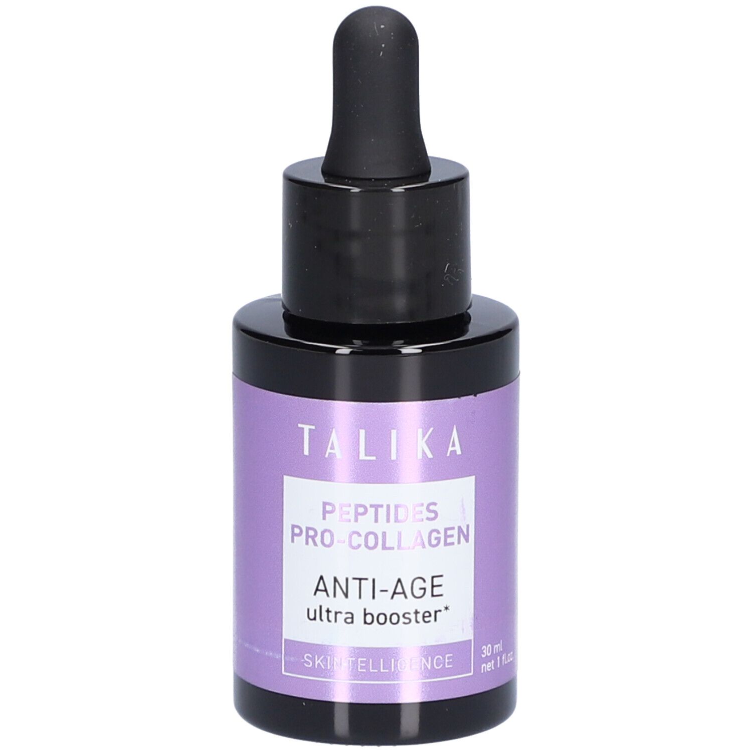 Kleine, ronde fles met zwarte dop en pipet. Paars etiket met tekst: TALIKA, Anti-Age.