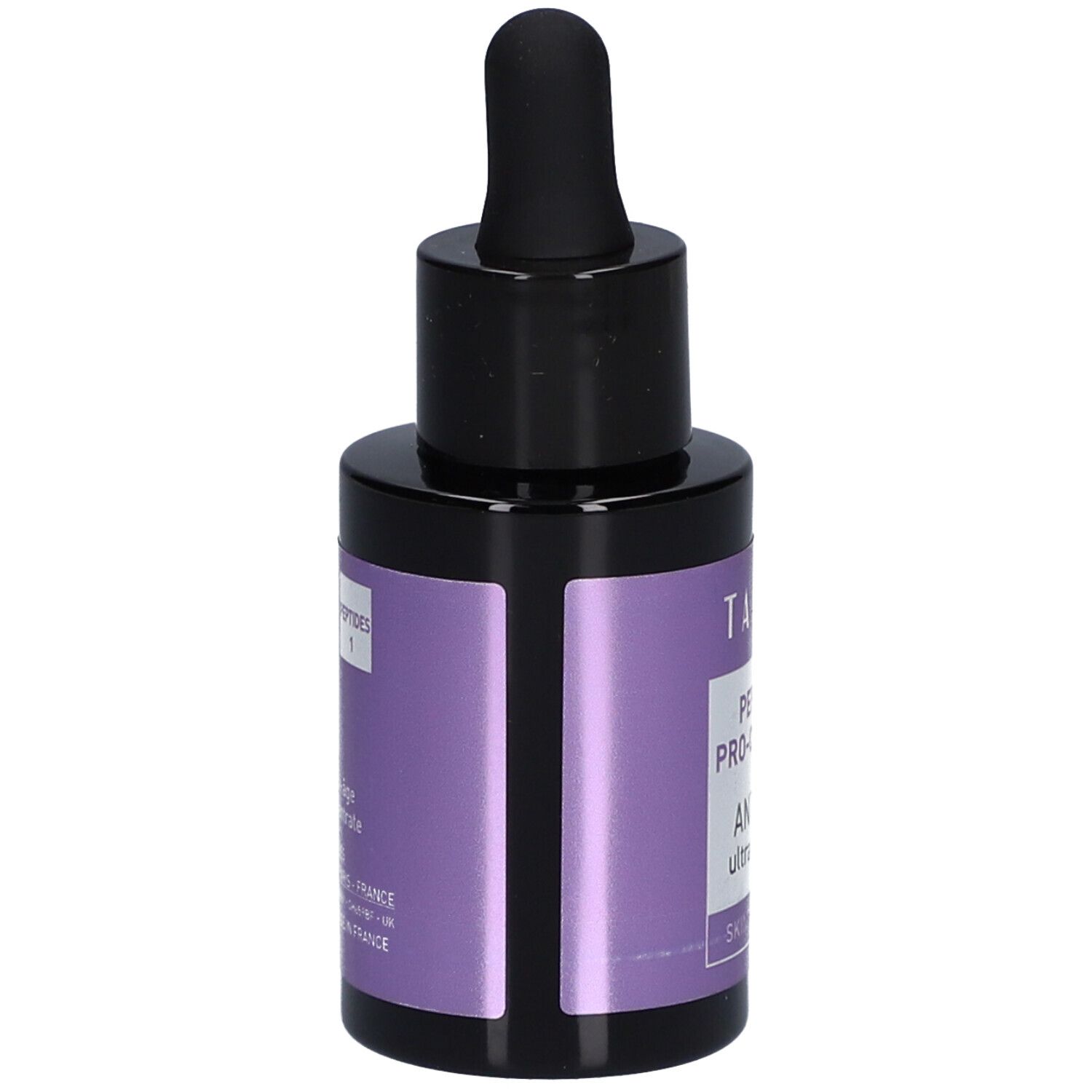Kleine, ronde fles met zwarte dop en pipet. Paars etiket met tekst.