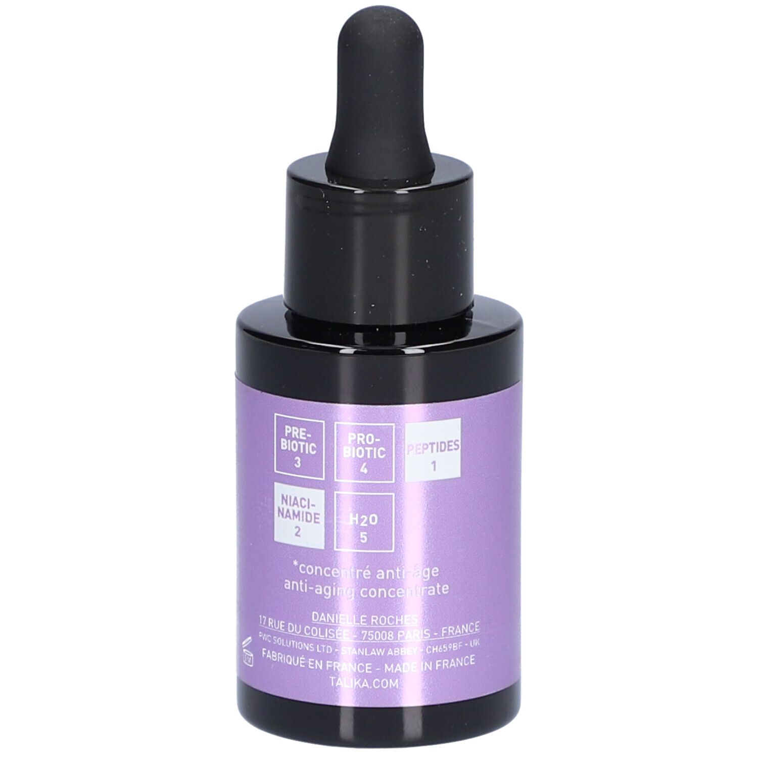 Kleine, ronde fles met zwarte dop en pipet. Paars etiket met tekst: ingrediënten.