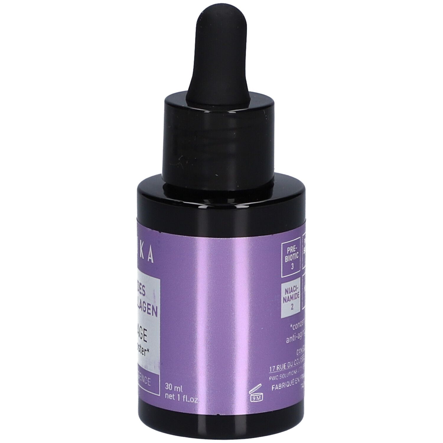 Kleine, ronde fles met zwarte dop en pipet. Paars etiket met tekst: TALIKA, Anti-Age.