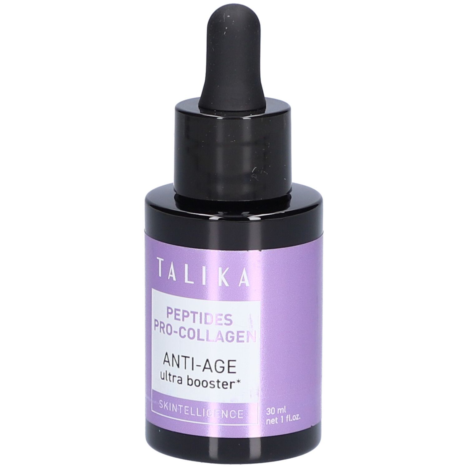 Kleine, ronde fles met zwarte dop en pipet. Paars etiket met tekst: TALIKA, Anti-Age.