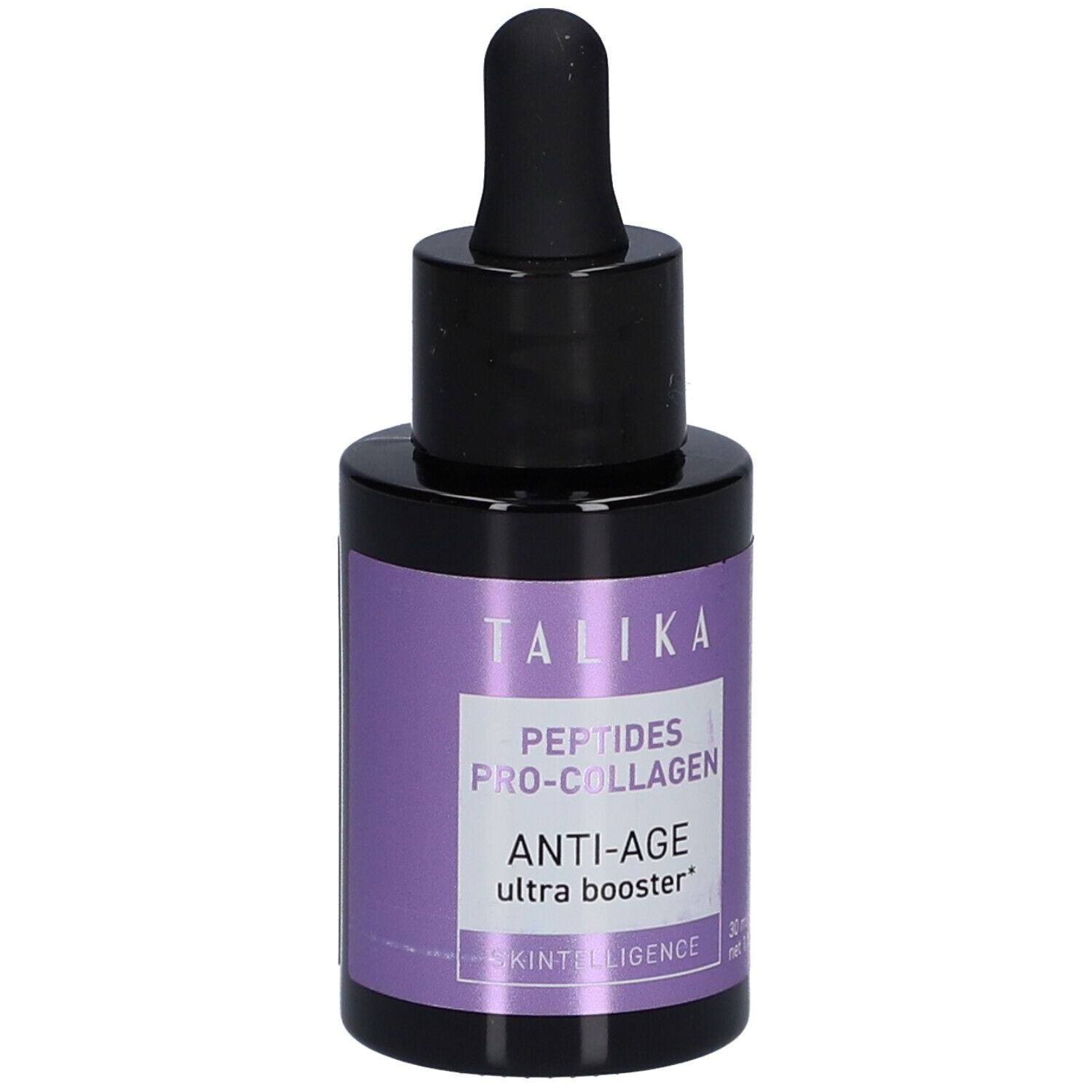 Kleine, ronde fles met zwarte dop en pipet. Paars etiket met tekst: TALIKA, Anti-Age.