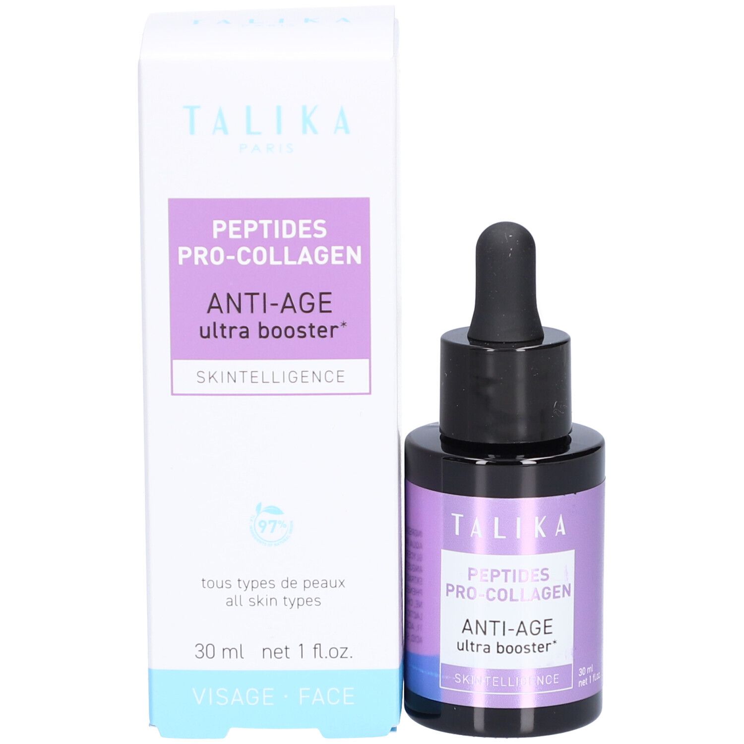 Productfles en verpakking. Fles met pipet, verpakking met tekst: TALIKA, Anti-Age.