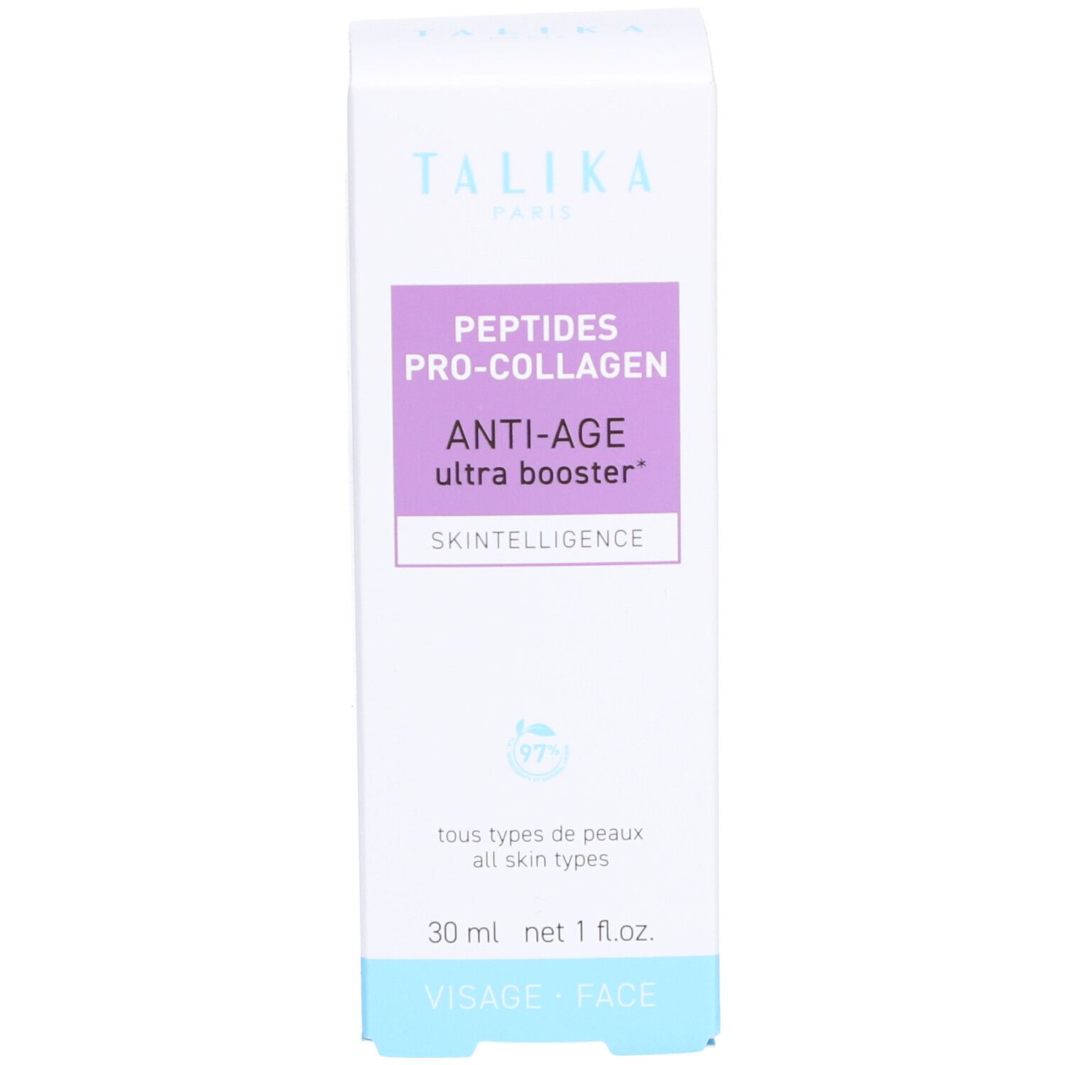 Verpakking met tekst: TALIKA, Anti-Age. Blauw-witte verpakking.