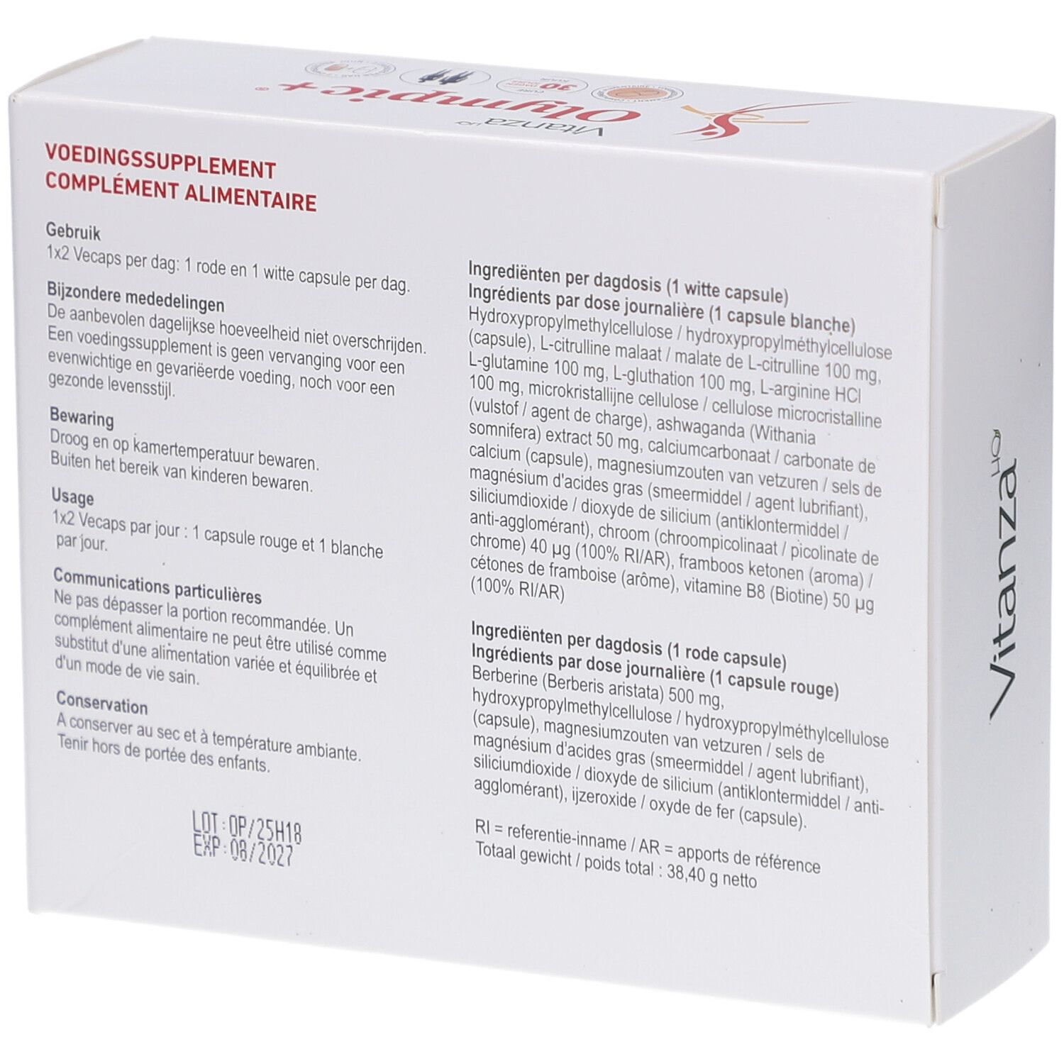 Dos de la boîte blanche Vitanza Olympic+. Contient les ingrédients et les instructions de dosage. Texte en plusieurs langues.