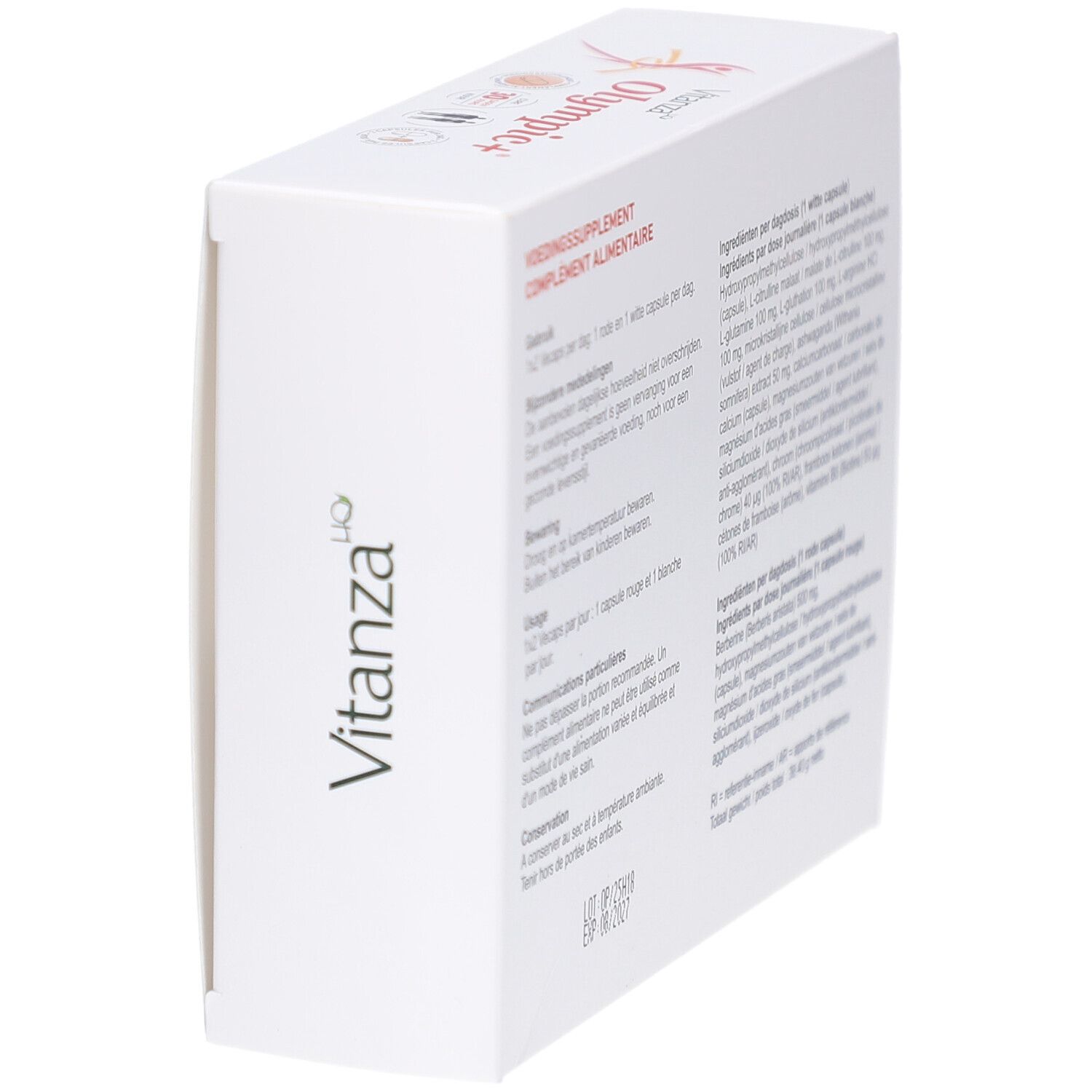 Boîte blanche Vitanza Olympic+. Contient les ingrédients et les instructions de dosage. Vue du produit.