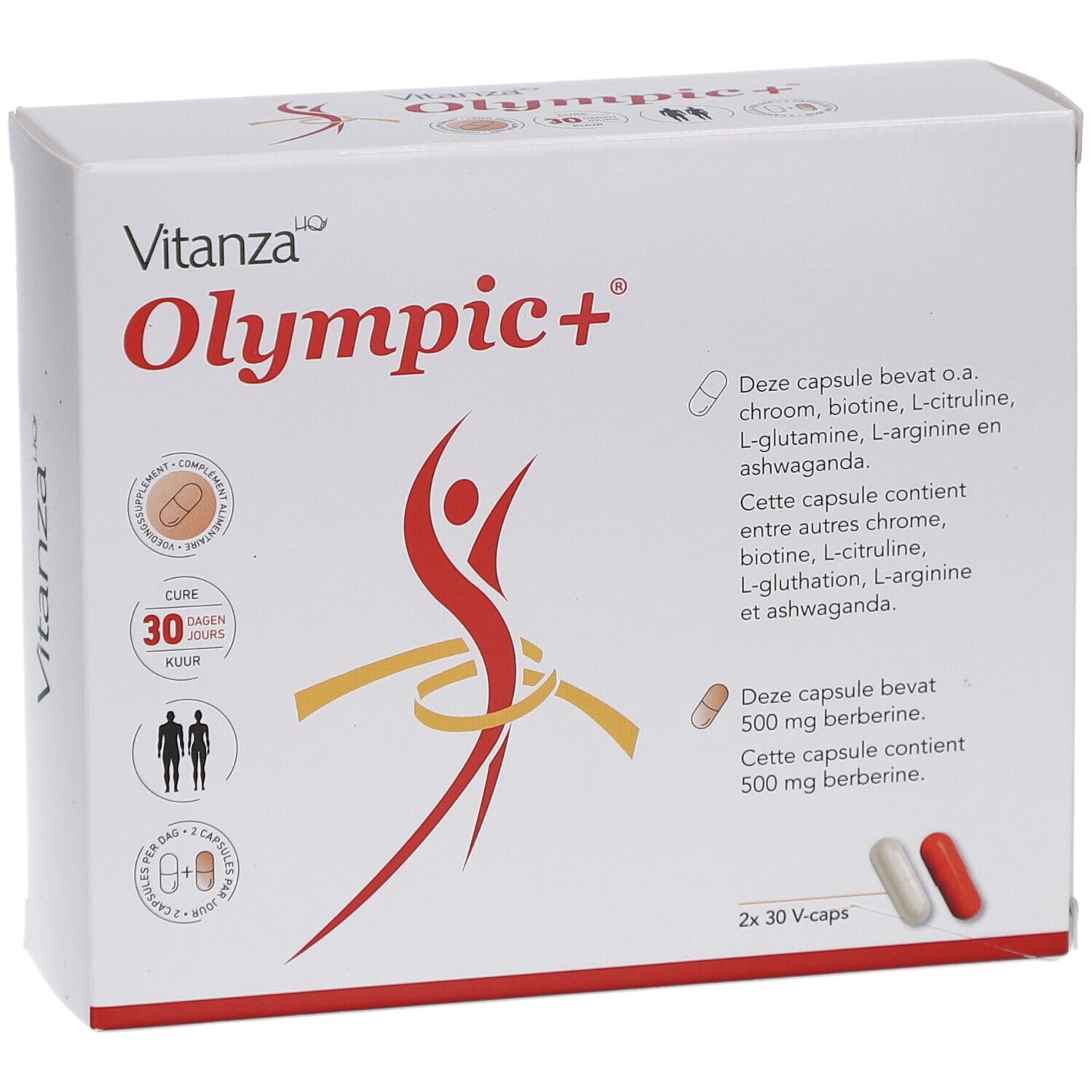 Boîte blanche Vitanza Olympic+. Contient 2x30 gélules. Illustration d'une personne avec un ruban jaune. Texte: Ingrédients.