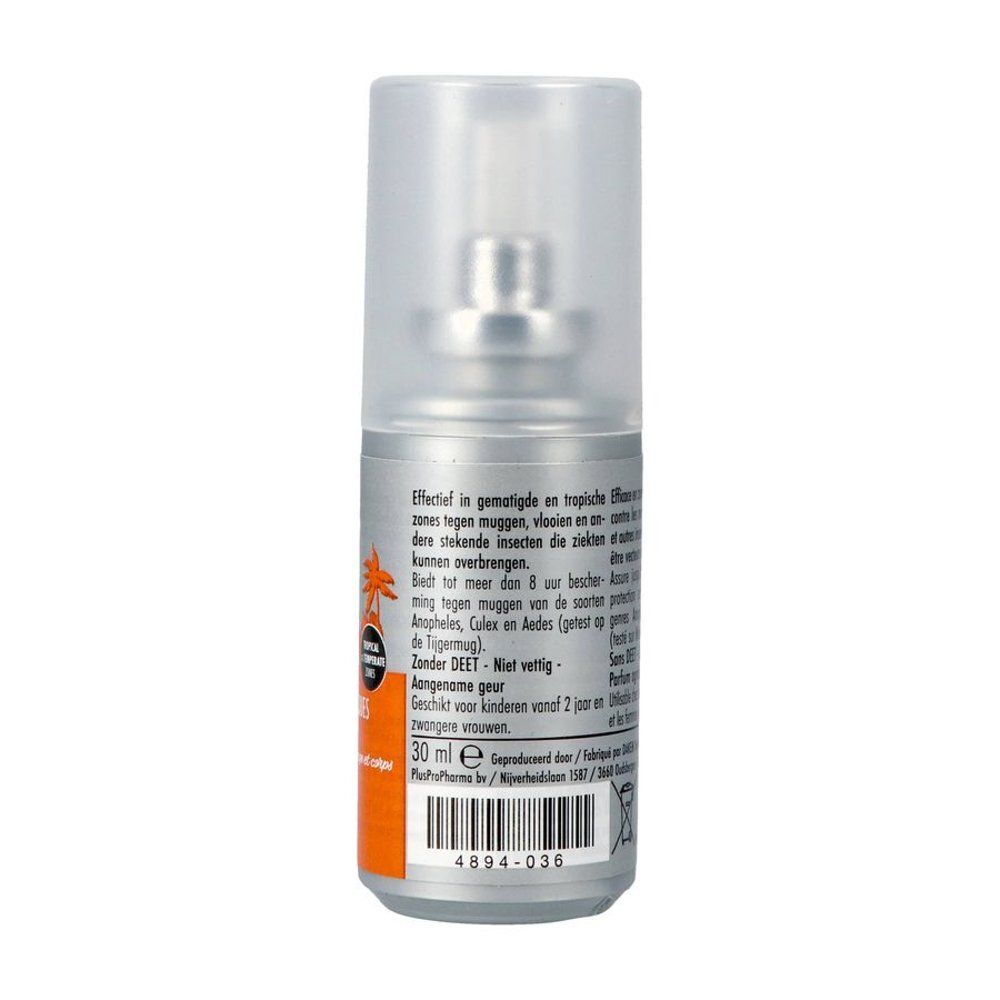 Flacon spray argenté Moskito Guard Anti-Moustiques avec bouchon transparent. Texte: 20% Saltidin, Anti-Mug/Anti-Moustiques. Logo: enfant, chien, femme.