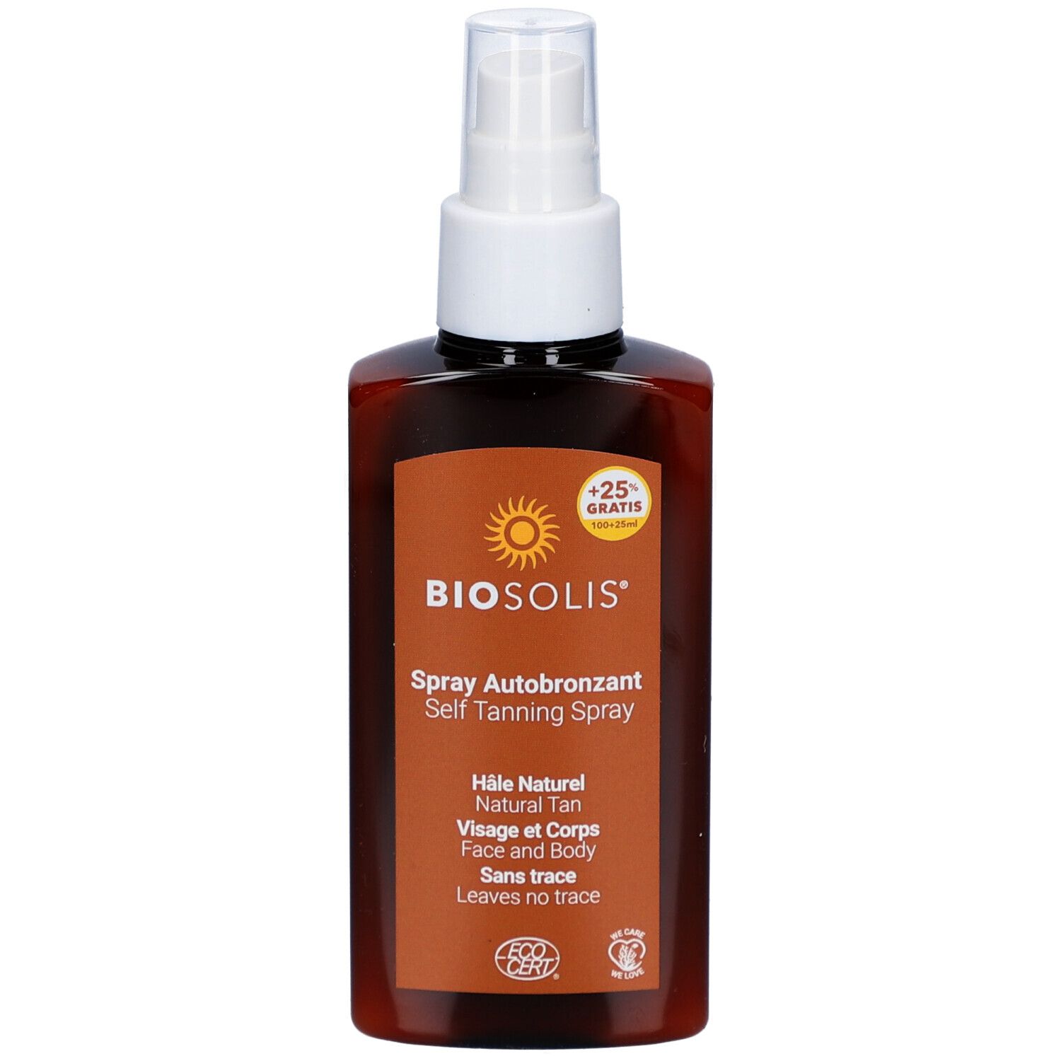Biosolis Spray Autobronzant, bruine fles met witte spraykop. Etiket met productinfo en logo.