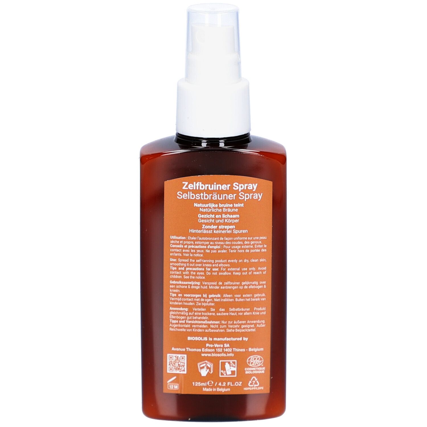 Achterkant van de Biosolis Spray Autobronzant fles. Tekst in meerdere talen, productinfo en logo's.