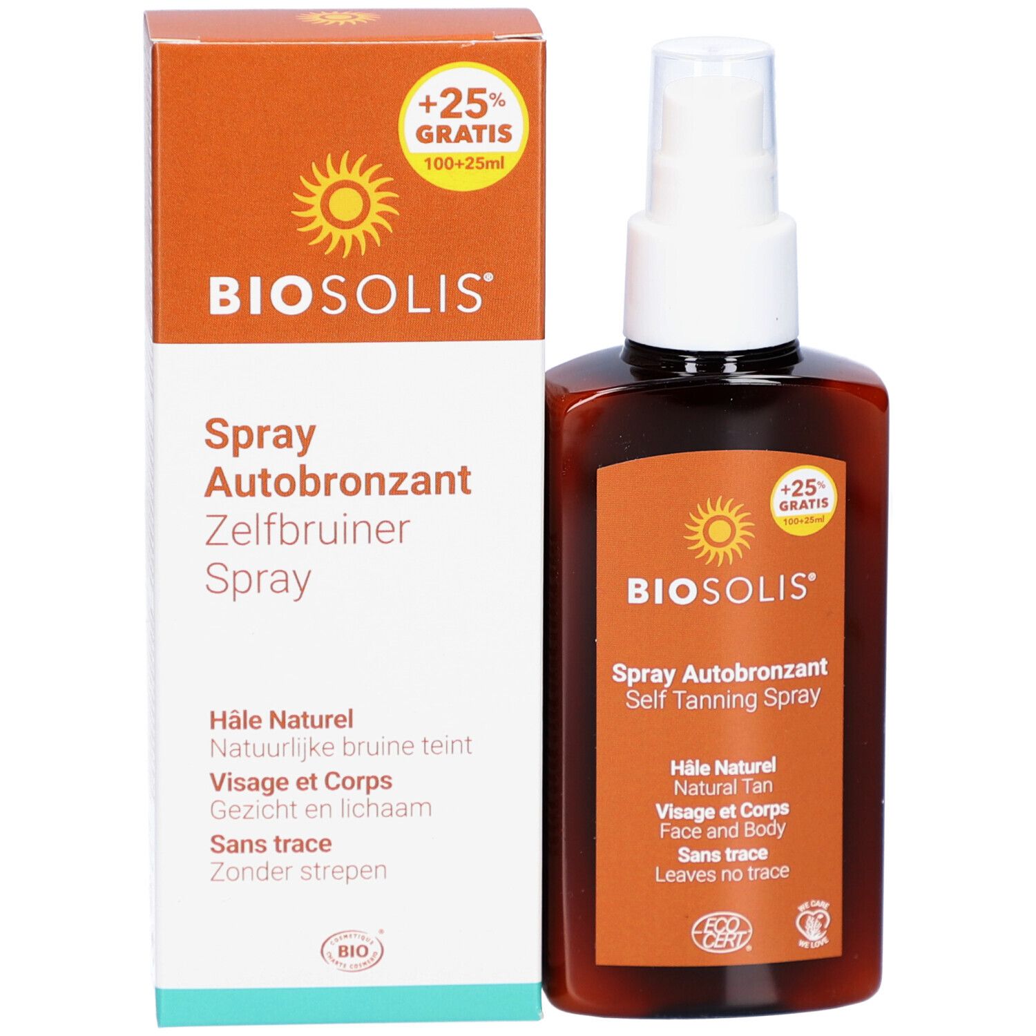 Biosolis Spray Autobronzant en verpakking. Bruine fles en doos met productinfo en logo.