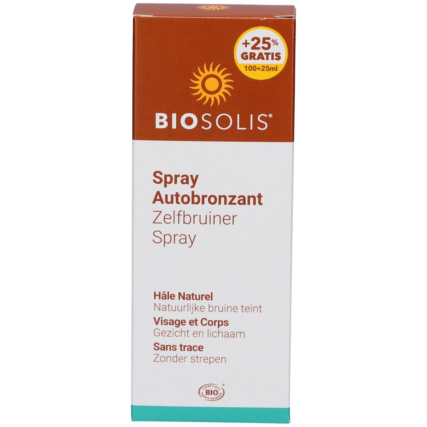 Verpakking Biosolis Spray Autobronzant. Bruine doos met productinfo en logo.
