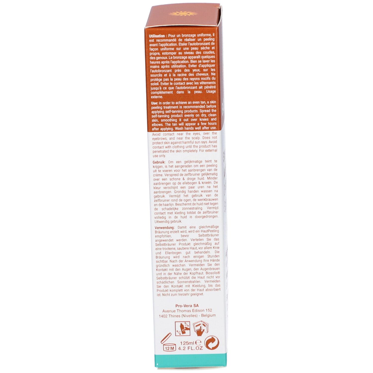 Verpakking Biosolis Spray Autobronzant. Tekst in meerdere talen, productinfo en logo's.
