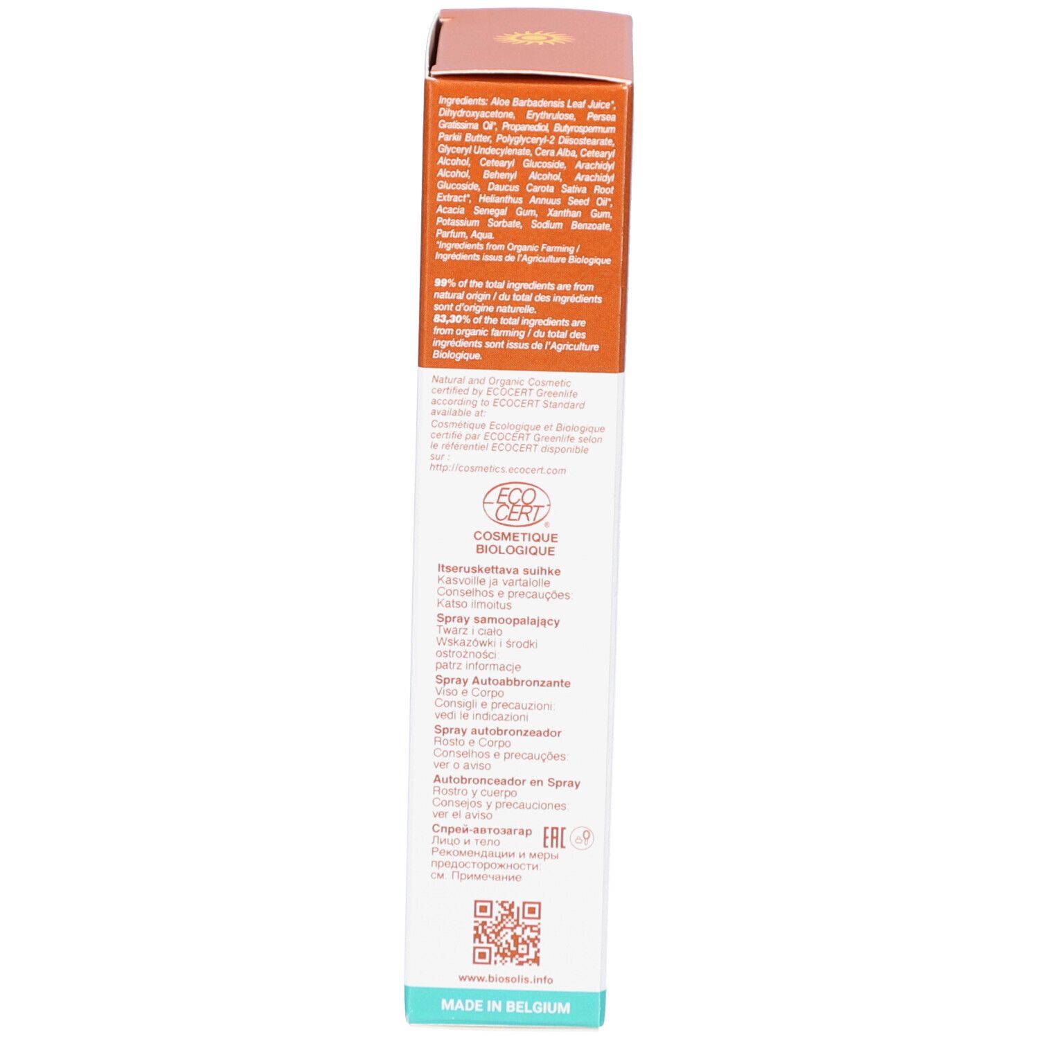 Verpakking Biosolis Spray Autobronzant. Tekst in meerdere talen, productinfo en logo's.