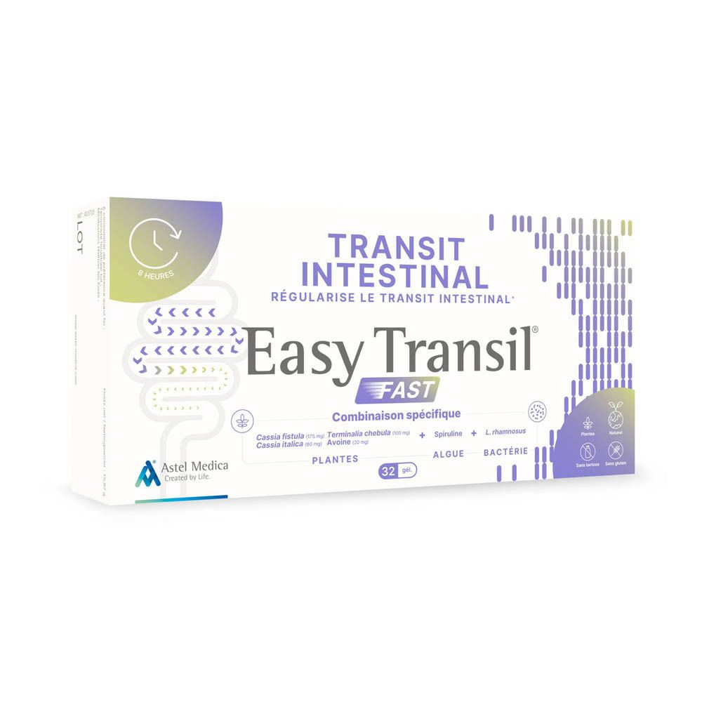 Boîte Easy Transil FAST pour le transit intestinal. Contient 32 capsules, plantes, algues et bactéries.