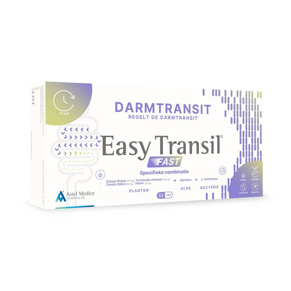 Verpakking Easy Transil FAST voor de darmpassage. Bevat 32 capsules, planten, algen en bacteriën.