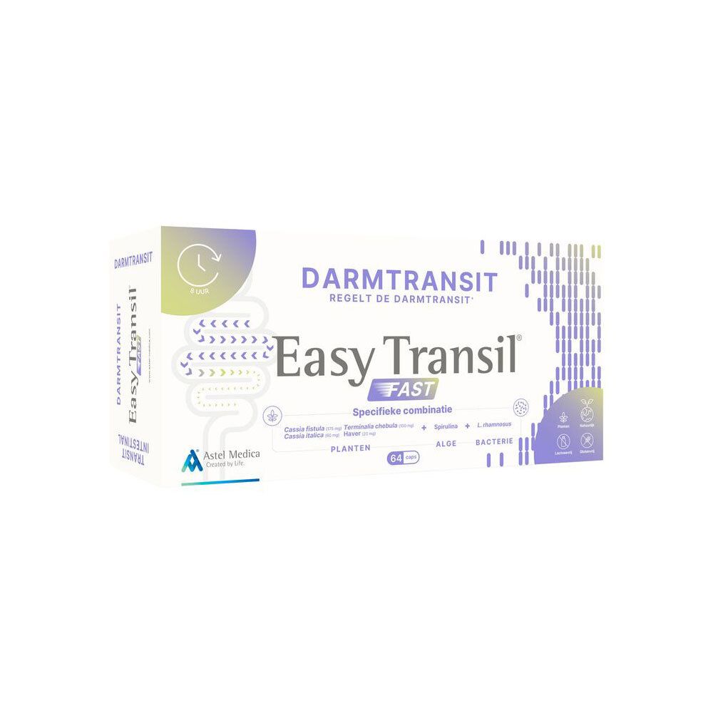 Witte doos met Easy Transil FAST. Opschrift: Regelt de darmtransit. 64 stuks. Astel Medica logo.