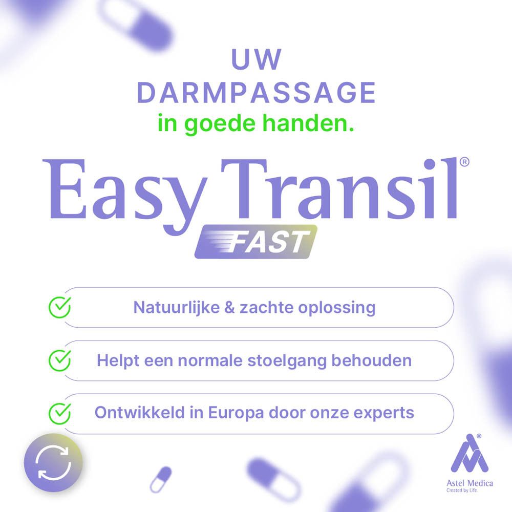 Verpakking van Easy Transil FAST, 64 capsules, met darm-symbolen.