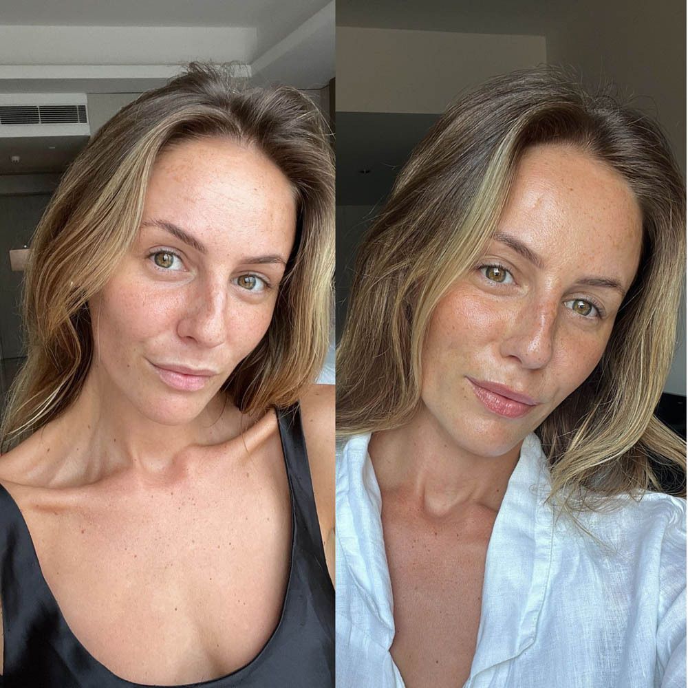 Gezicht van een vrouw. Voor-en-na effect. Huidtint verbeterd door Bronzing Drops.