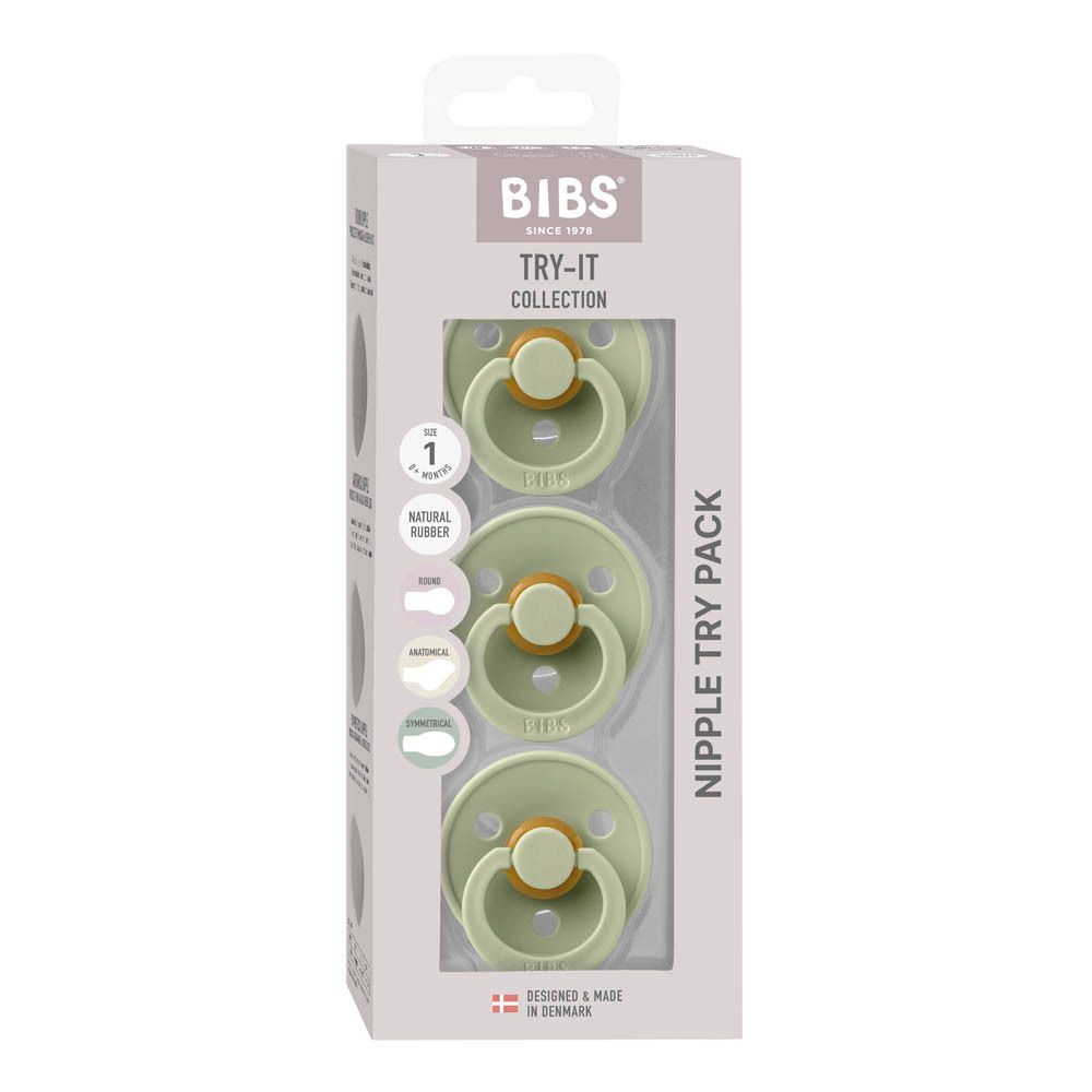 Verpakking met 3 speentjes, saliegroen. Transparant venster. Merk: BIBS. Try-it Collection.