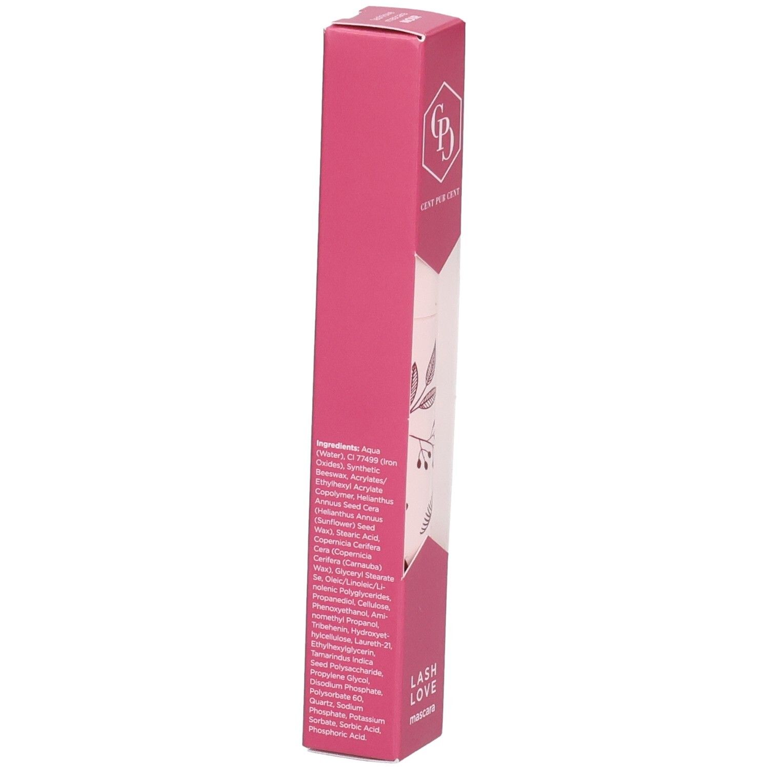 Emballage rose de mascara. Ingrédients listés sur le côté. Marque: Cent Pur Cent. Texte: Lash Love.
