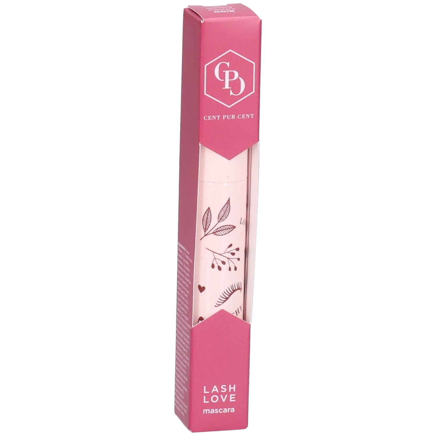 Mascara Cent Pur Cent Lash Love dans un emballage rose. Design floral. Logo en haut de la boîte.