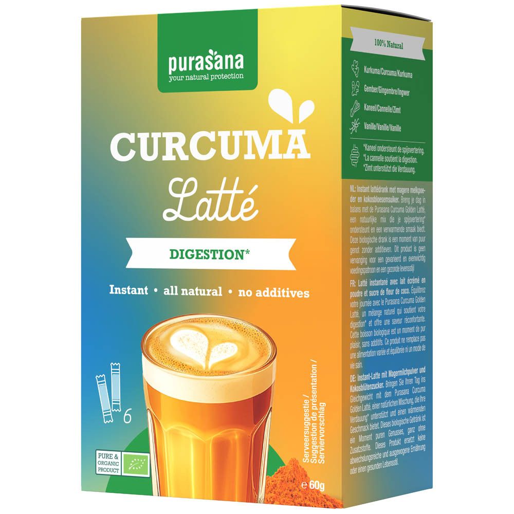Purasana Curcuma Latte Bio. Doos. Opschrift: Curcuma Latte, Spijsvertering, instant, natuurlijk, geen additieven. 6 sachets.
