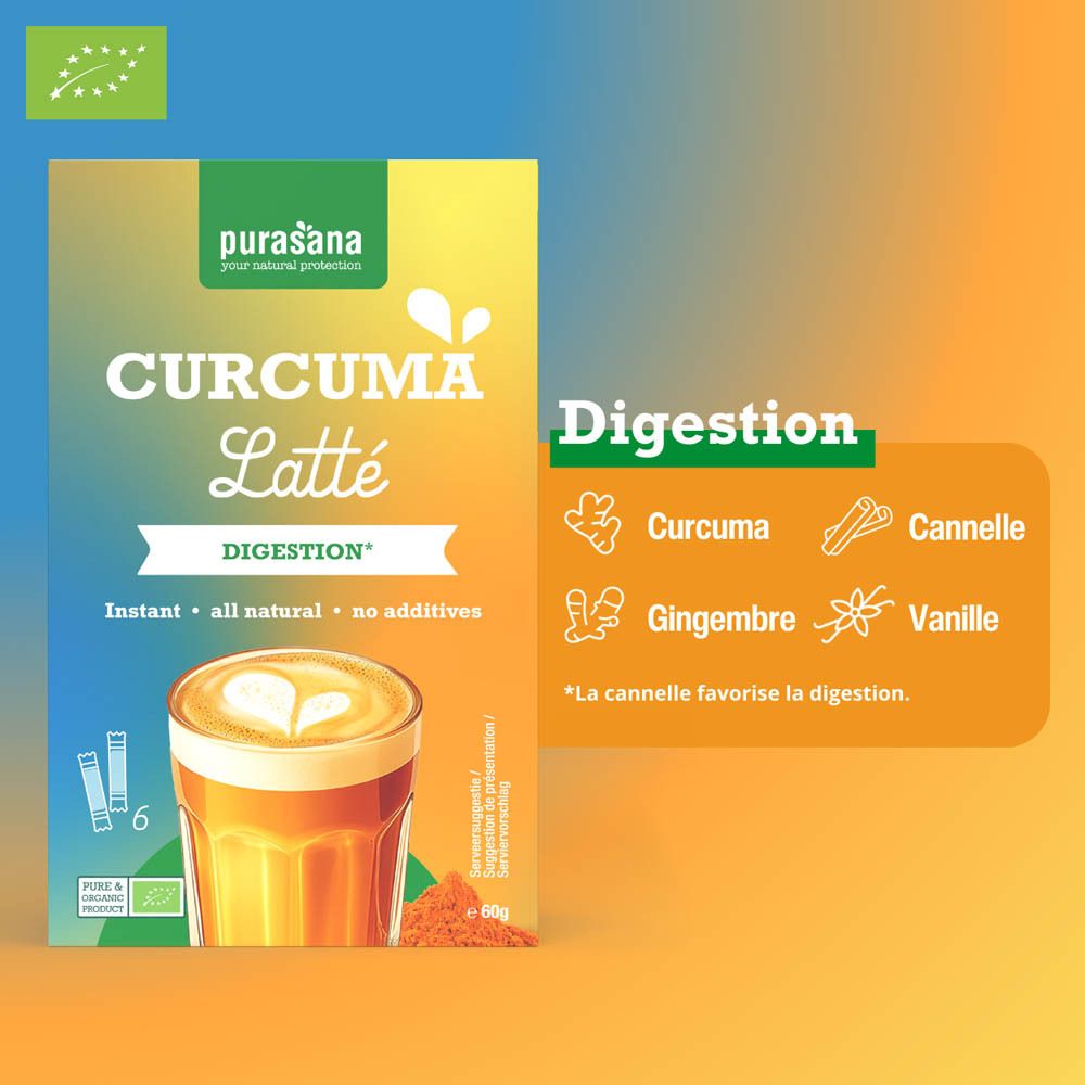 Purasana Curcuma Latte Bio. Inscription : Curcuma Latte, Digestion. Ingrédients : Curcuma, Gingembre, Cannelle, Vanille. Label bio.