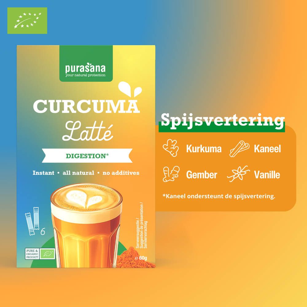 Purasana Curcuma Latte Bio. Opschrift: Curcuma Latte, Spijsvertering. Ingrediënten: Kurkuma, Gember, Kaneel, Vanille. Bio-keurmerk.