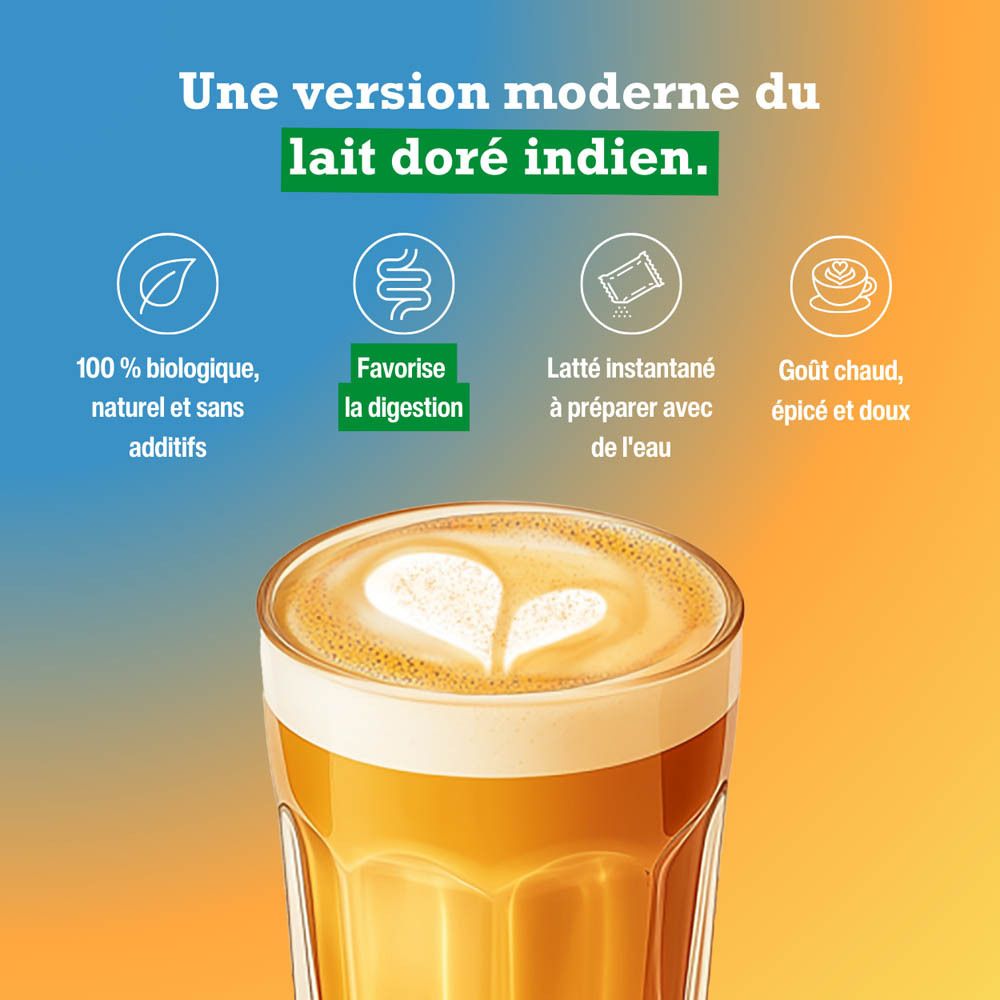 Purasana Curcuma Latte Bio. Image d'une boisson. Texte : Une version moderne du lait doré indien. Label bio.