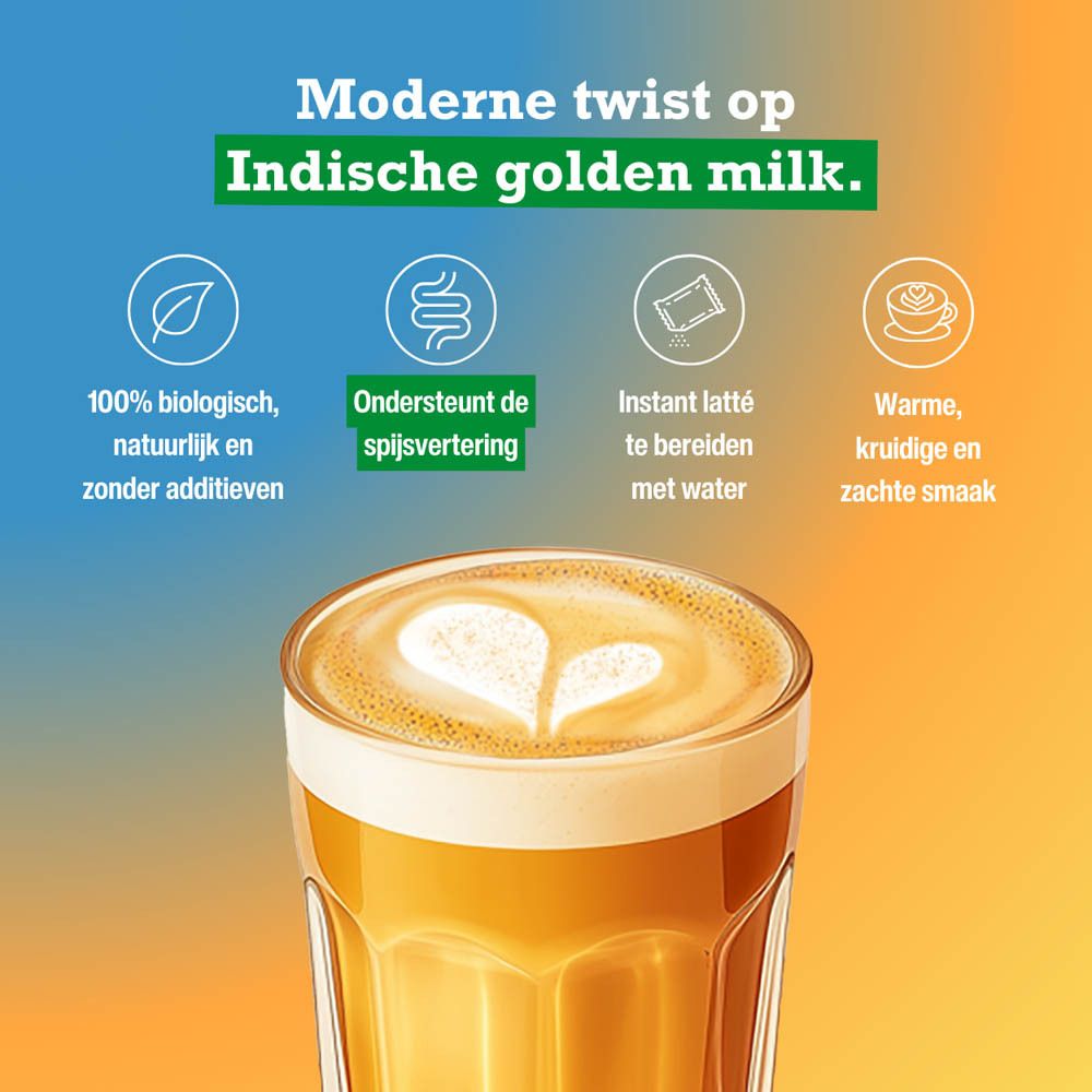 Purasana Curcuma Latte Bio. Afbeelding van een drankje. Tekst: Een moderne twist op Indische golden milk. Bio-keurmerk.