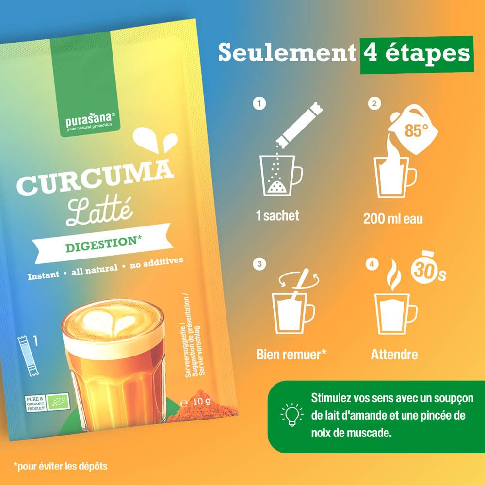 Purasana Curcuma Latte Bio. 4 étapes de préparation. 1 sachet, 200 ml d'eau, remuer, attendre. Sachet de 10g.