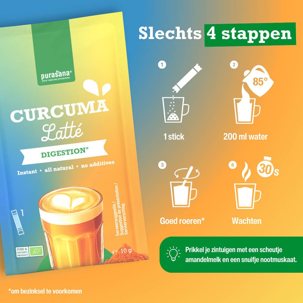 Purasana Curcuma Latte Bio. 4 stappen voor bereiding. 1 sachet, 200 ml water, roeren, wachten. 10g sachet.