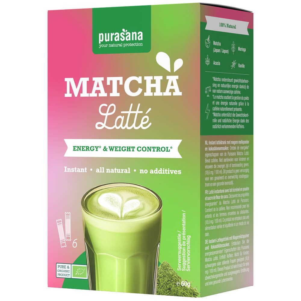 Purasana Matcha Latte Bio. Boîte avec 6 sachets. Design vert et rose. Inscription : Matcha Latte, Bio.