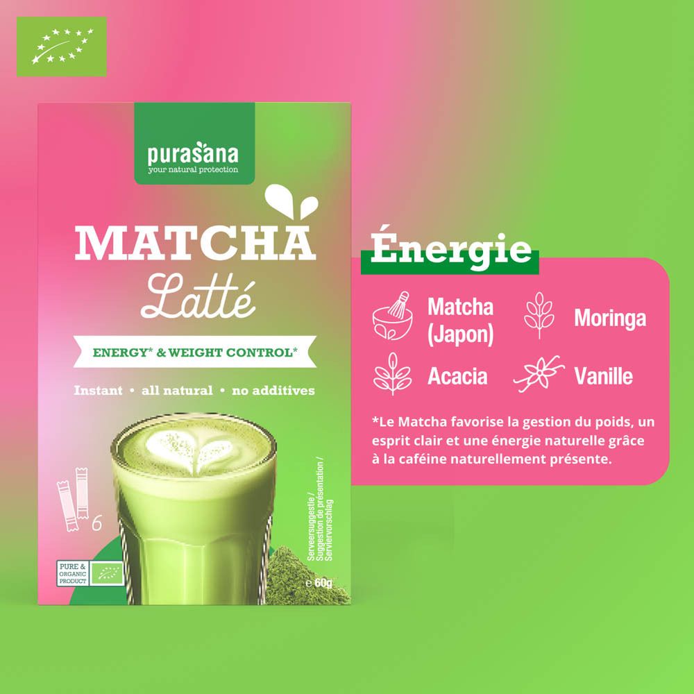 Purasana Matcha Latte Bio. Design vert et rose. Inscription : Matcha Latte, Energie & Weight Control. Ingrédients.