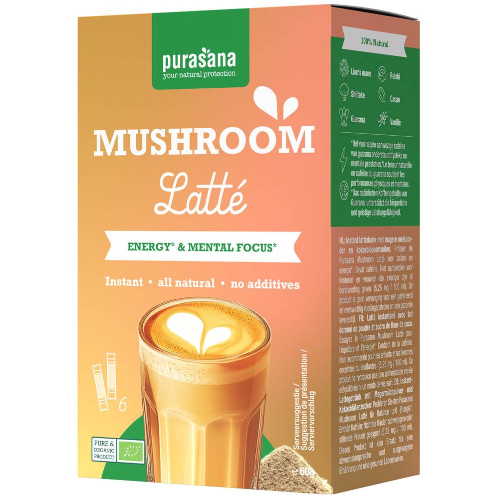 Doos Purasana Mushroom Latte. Opschrift: Mushroom Latte, Energy & Mental Focus, Instant, all natural, no additives. 6 sticks.
