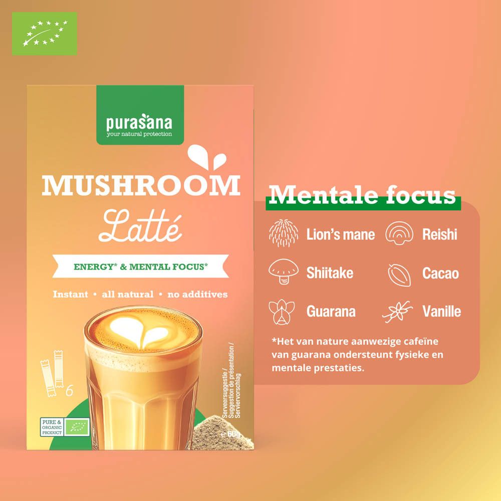 Purasana Mushroom Latte. Opschrift: Mushroom Latte, Energy & Mental Focus. Ingrediënten: Lion's mane, Reishi, Shiitake, Cacao, Guarana, Vanille.