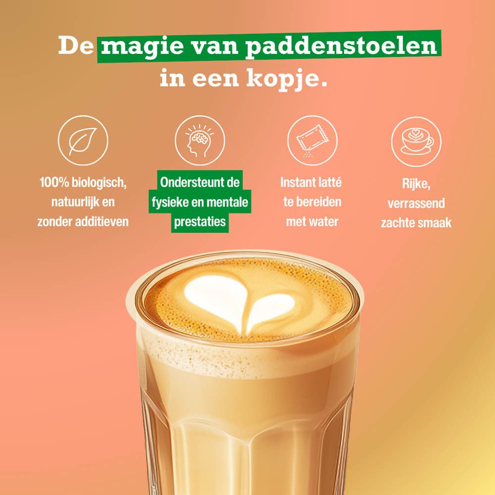 Glas Purasana Mushroom Latte. Opschrift: Mushroom Latte. Tekst: 100% biologisch, ondersteunt fysieke en mentale prestaties.
