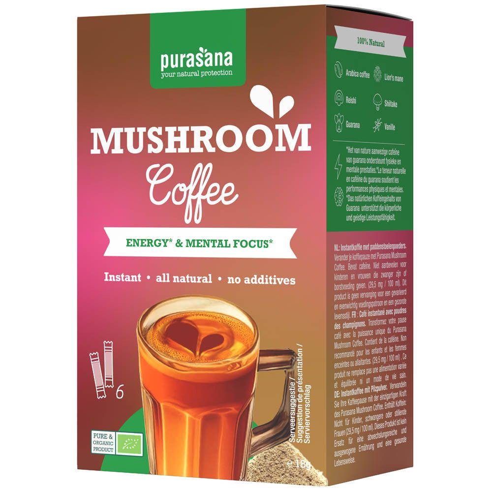 Doos Purasana Mushroom Coffee Bio. 6 zakjes. Opschrift: Mushroom Coffee, Energie & Focus.