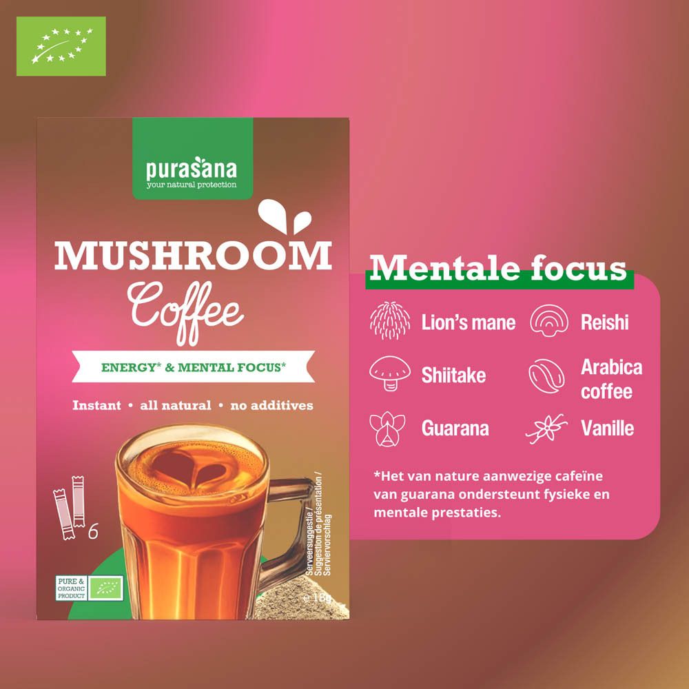 Close-up van een kopje koffie met Purasana Mushroom Coffee Bio. Tekst: 100% biologisch, natuurlijk, zonder toevoegingen.