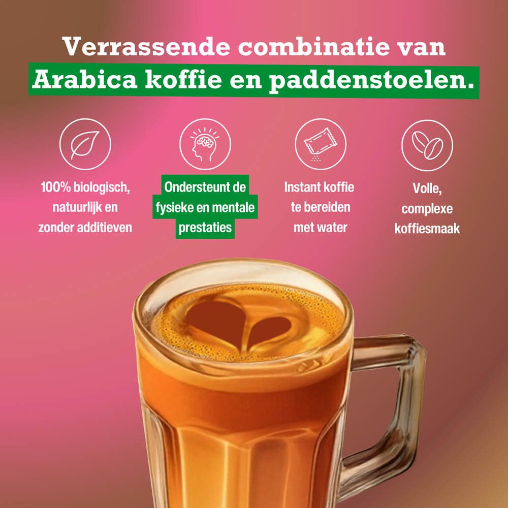 Purasana Mushroom Coffee Bio. 4 stappen voor bereiding: 1 zakje, 200 ml water, roeren, wachten.
