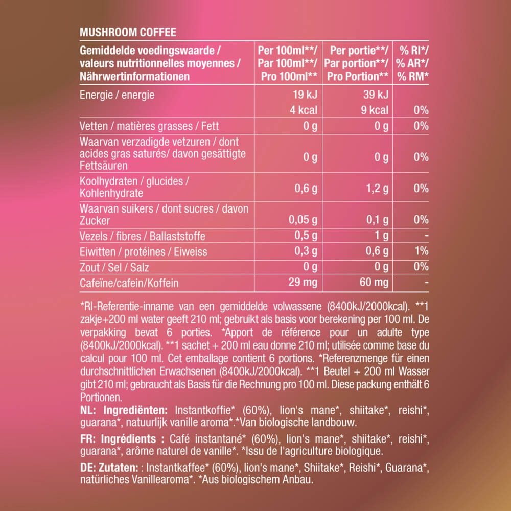 Achterkant verpakking Purasana Mushroom Coffee Bio. Voedingswaardetabel, ingrediënten, bereiding.