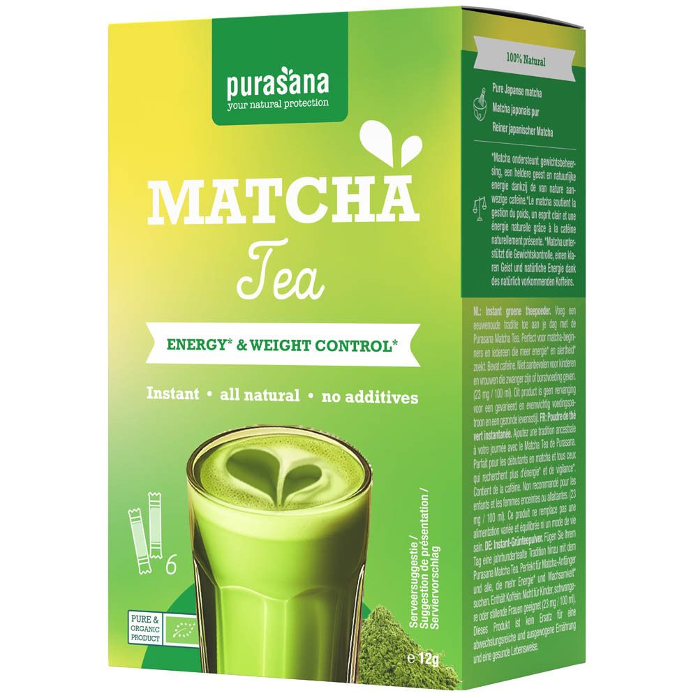 Groene Matcha Tea doos. 6 zakjes. Opschrift: Matcha Tea, Energy & Weight Control, Instant, all natural, no additives.