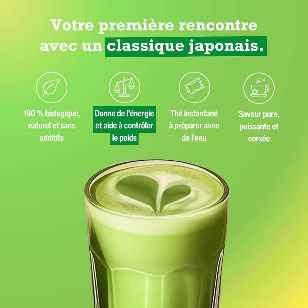 Boîte de thé Matcha vert. Inscription : Matcha Tea, Energy & Weight Control, Instant, all natural, no additives. Label bio.
