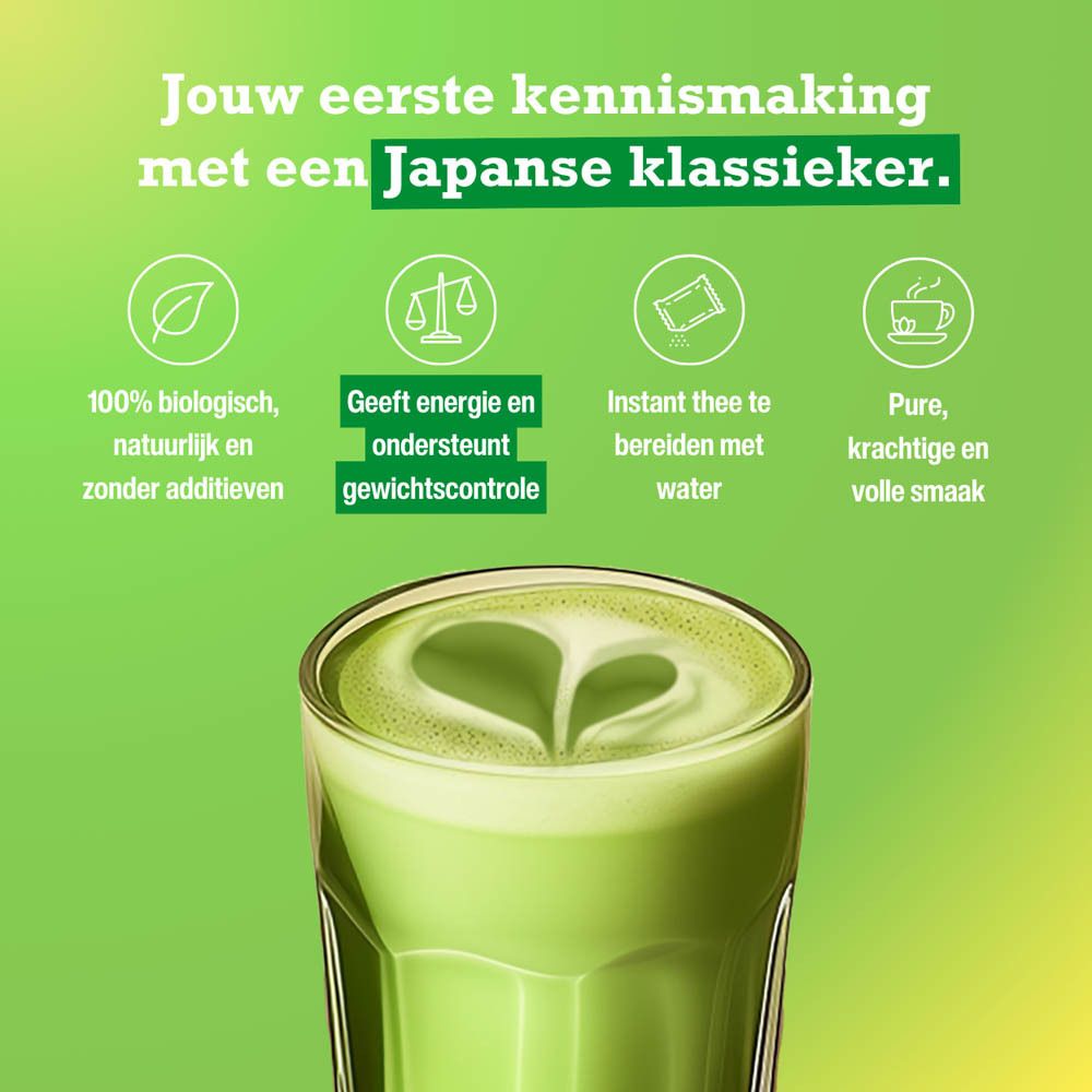 Groene Matcha Tea doos. Opschrift: Matcha Tea, Energy & Weight Control, Instant, all natural, no additives. Bio-label.