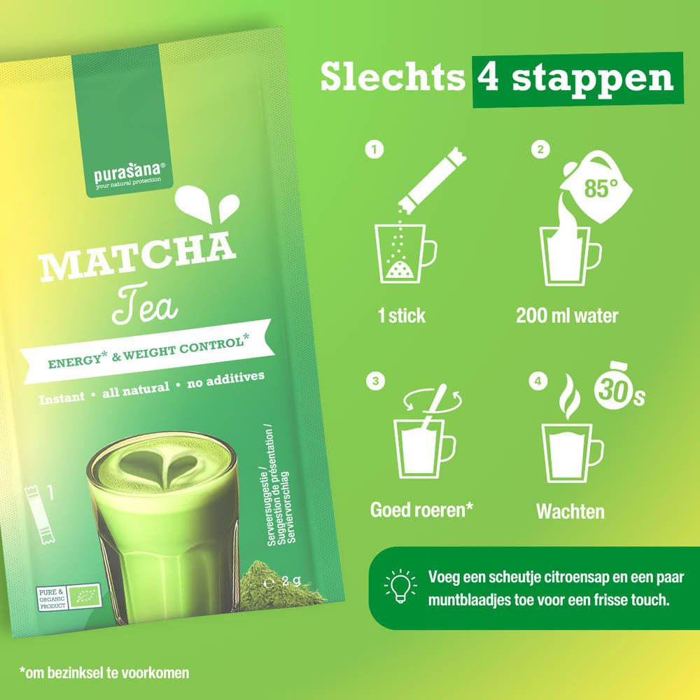 Matcha Tea doos. 4 stappen voor bereiding. 1 zakje, 200 ml water, 30 seconden wachten. Citroen en munt.