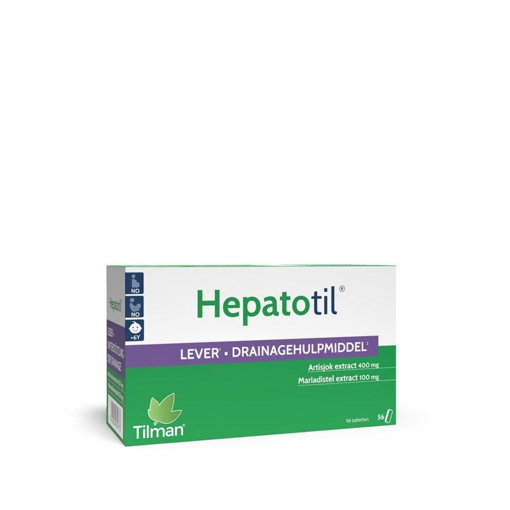 Groene en witte doos "Hepatotil". Tekst: "LEVER • DRAINAGEHULPMIDDEL". Bevat 56 tabletten.