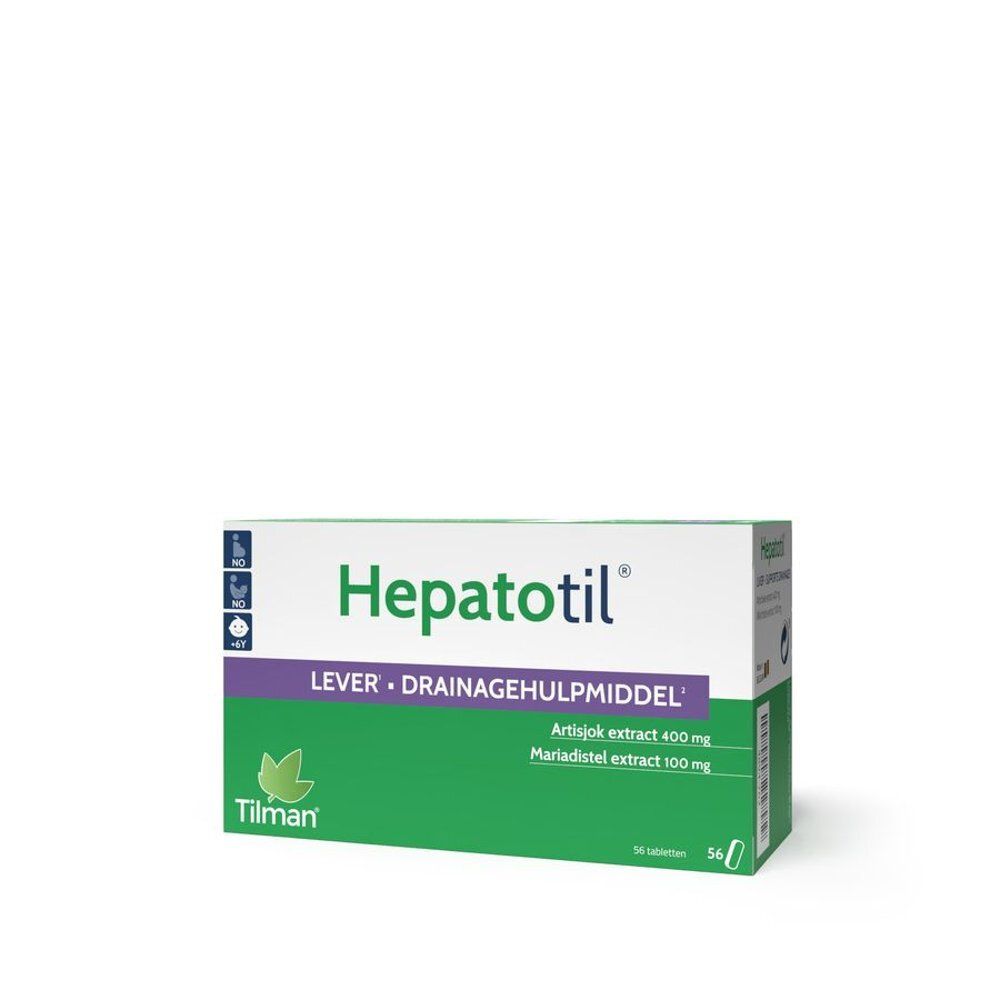 Groene en witte doos "Hepatotil". Tekst: "LEVER • DRAINAGEHULPMIDDEL". Bevat 56 tabletten.